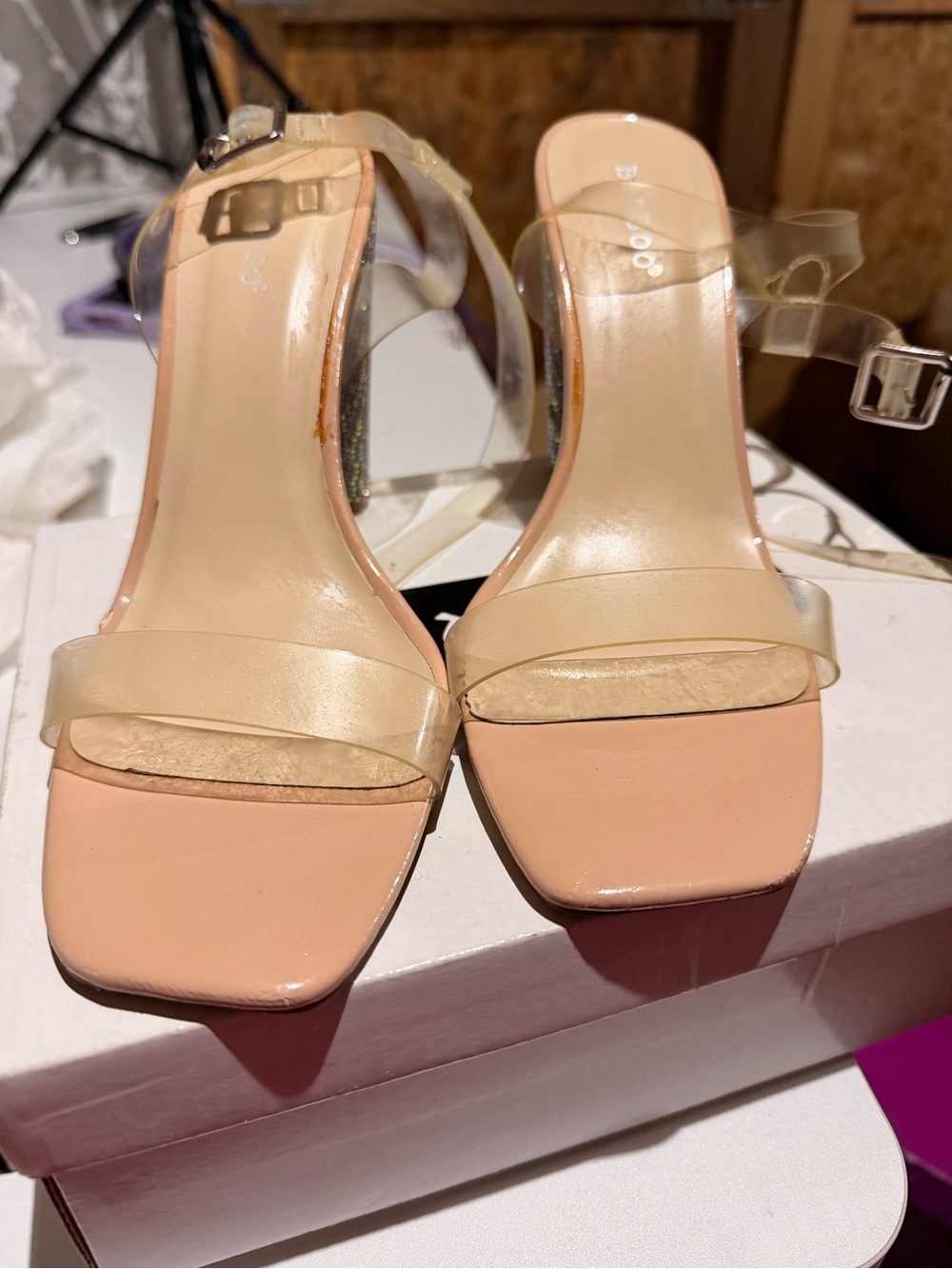 BAMBOO Clear-Strap Nude Block Heel Sandals